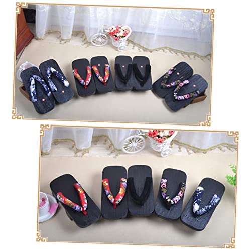LIFKOME Japanische Holzclogs Damen Sommer Slippers Casual Plattform Sandalen mit Zwei Zehen Design Bequeme Hausschuhe für Freizeit Barfuß Schuhe Weiß Blau Blumenmuster Schwarze Holzsohle von LIFKOME