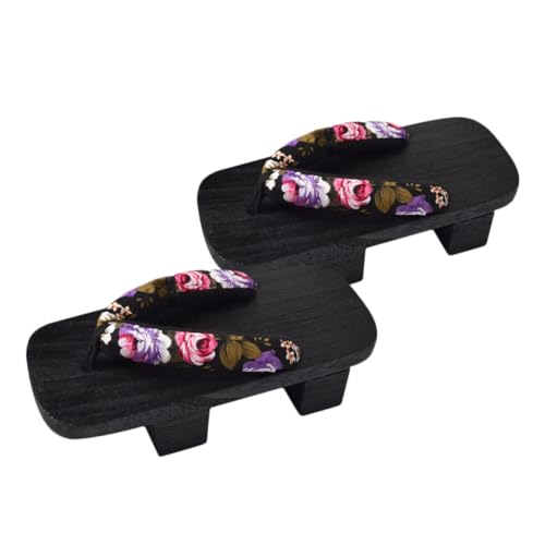 LIFKOME Japanische Holzclogs Herren Damen Sommer Plattform Sandalen Design Zweizähnige Clogs mit Blumenmuster Schwarz Holz Passend für Fußweite Bequem Langlebig von LIFKOME