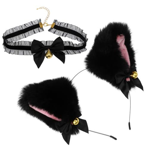 LIFKOME Katzenohren Haarkragen Set Mit Stirnband Und Halskette Für Partys Und Cosplay Verziert Mit Schleife Und Glöckchen von LIFKOME