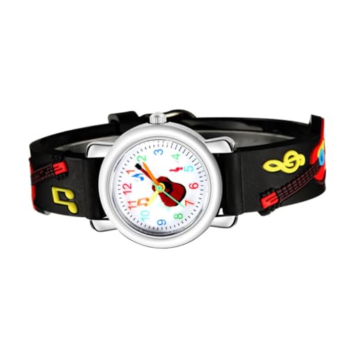LIFKOME Kinderuhr Gitarrenmuster Leichtes Kunststoffarmband Analog Bequem für Schüler Jungen und Mädchen Stilvolle Armbanduhr für Geburtstag und Alltag Langlebig und Modisch in Schwarz von LIFKOME