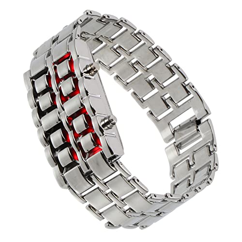 LIFKOME LED Herren Armbanduhr Retro Stil mit Roter LED Anzeige Modisches Digitales Armband Silbernes Gehäuse Präzise Zeitanzeige Langlebig und Stilvoll für Männer von LIFKOME