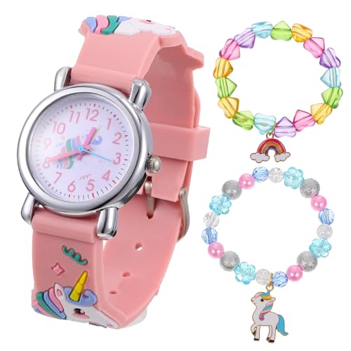 LIFKOME Mädchen Armbanduhr Set mit Quarzuhr und Einhorn Armbändern Bunte Regenbogen Uhr mit Herzperlen und Einhorn Anhänger Rosa Kinderuhr und Schmuckset für Alltag Schule Party von LIFKOME