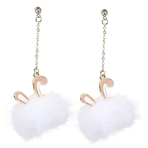 LIFKOME Plüsch Pom Pom Ohrringe mit Kaninchenohren Leichte Dangle Ohrhänger für Damen Weiße Flauschige Quasten Ohrschmuck für Party und Alltag von LIFKOME