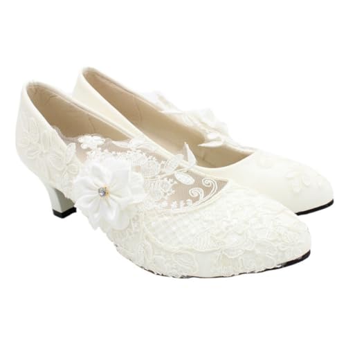LIFKOME Romantische Weiße Damen Hochzeitsschuhe Spitze mit Mittlerem Absatz Spitze Zehen Eleganter Spitzenbesatz Langlebig Geeignet für Braut und Festliche Anlässe von LIFKOME