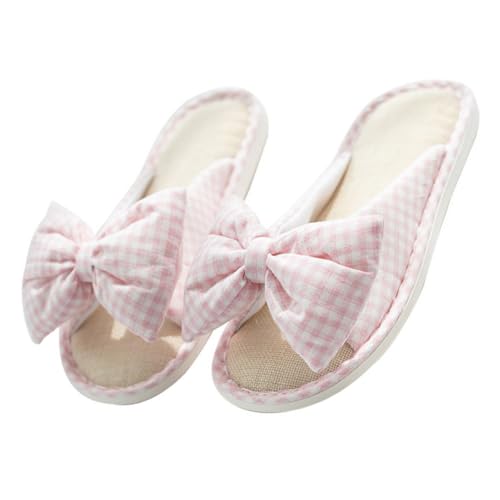 LIFKOME Rutschfeste Damen Hausschuhe mit Schleifen bowknot Atmungsaktive Peep Toe Sommerpantoffeln Weiche Sohle Bequeme Indoor slipper Rosa Dicke Profilsohle von LIFKOME