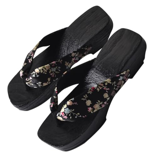 LIFKOME Sommer Damen Sandalen Creative Holzclogs mit Hohem Absatz Japanischer Stil Bequeme Zehentrenner für Alltag Strand und Bad Badezimmer Schwarz von LIFKOME