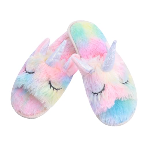 LIFKOME Unisex Einhorn Hausschuhe Winter Plüsch Pantoffeln Sanft Warm Rutschfest Gemütlich für Innenbereich Cozy Slippers mit Offenem Zehenbereich für Damen Herren von LIFKOME