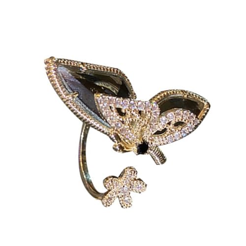 LIFKOME Verstellbarer Damenring mit Kristallblume und Schmetterling aus Kupfer Offener Fingerband Schmuck für Party und Geschenk Leichtes Lebendiges Design in Gold von LIFKOME