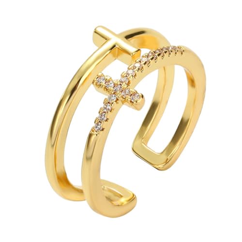 LIFKOME Verstellbarer Fingerring Damen Kreuz Design Kupfer Schmuck Glitzernd Offener Statement Ring für Alltag und Festliche Anlässe von LIFKOME