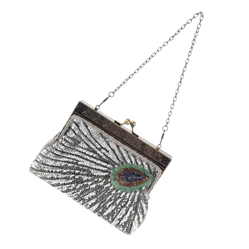 LIFKOME Vintage Damen Perlen Clutch mit Pfau-motiv Handgefertigte Pailletten Abendtasche Funkelnde Party Handtasche für Hochzeit Abendveranstaltung Umhängetasche Silberfarben von LIFKOME