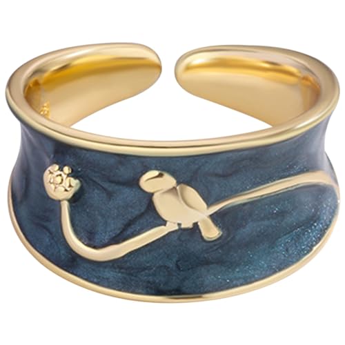 LIFKOME Damenring Fingerring Offener Ring mit Blauem Emaille Zweig und Vogel Verstellbarer Statement Ring für Frauen Robustes Metall für Mädchen 1 Stück von LIFKOME