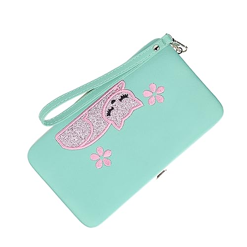 LIFKOME Katzenmotiv Geldbörse Damen Aquamarinfarbene Lange Geldbörse mit Reißverschluss Dreifach Gefaltet Mehrere Kartenfächer Leicht und Kompakt für Alltag und Reisen von LIFKOME