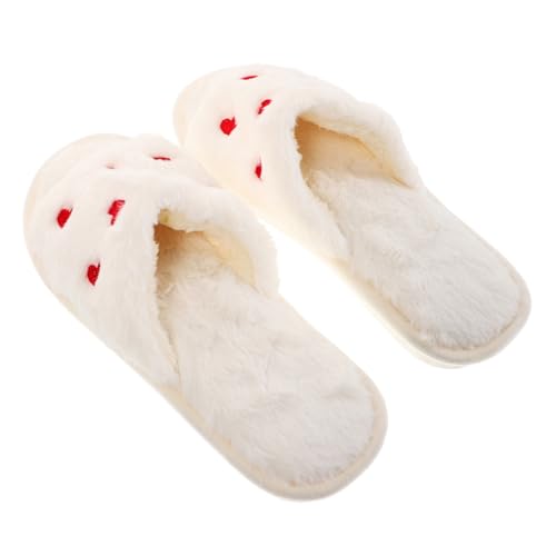 LIFKOME Weiche Hausschuhe Damen Plüsch Open Toe Slippers mit Herzdekor Rutschfeste Gummisohle Flauschige Indoor Outdoor Schuhe Modische Weiße Gemütliche Freizeitpantoffeln von LIFKOME