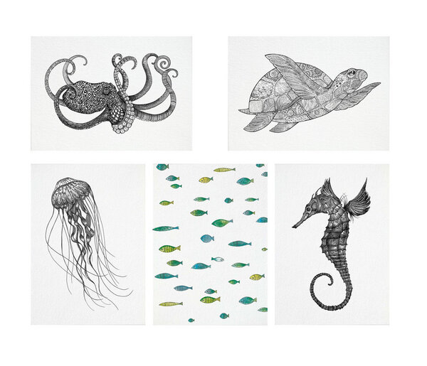Postkarten 5er-Set »Meerestiere« von LIGARTI | aus Bambuspapier | nachhaltige Geburtstagskarten | Grußkarten von LIGARTI