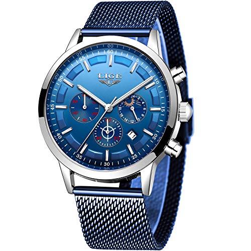 LIGE Herren Uhren Wasserdicht Edelstahl Automatisches Blau Mesh Uhren Herren klassisch Geschäft Analoger Quarz Uhren von LIGE