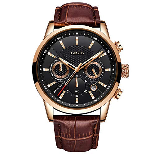 LIGE Uhren Herren Chronograph Sport Wasserdichter Analoger Quarz Edelstahl Lederuhr Klassische Business Casual Schwarzem Zifferblatt Armbanduhr von LIGE