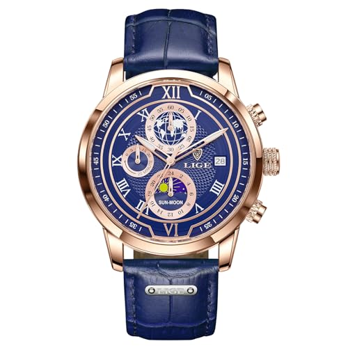 LIGE Armbanduhren Herren Männer Uhr Blau Lederarmband Chronograph Quarz Männer Uhren Mit Datum Mondphase Design Wasserdicht Men's Watches - Armbanduhren Für Herren Für Business & Alltag,Goldblau von LIGE