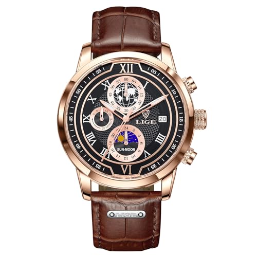 LIGE Armbanduhren Herren Männer Uhr Braun Lederarmband Chronograph Quarz Männer Uhren Mit Datum Mondphase Design Wasserdicht Men's Watches - Armbanduhren Für Herren Für Business & Alltag,Goldschwarz von LIGE