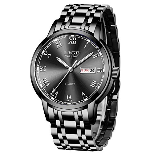 LIGE Herren Uhr Wasserdicht Edelstahl Analog-Quarz Uhr-männer Business Date Armbanduhr (Silber schwarz) von LIGE