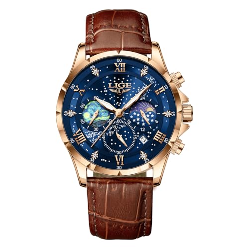LIGE Uhr Herren | Edelstahl Wasserdicht Analog Mondphase Quarz Herrenuhr Chronograph Lederarmband Watches for Men Mit Datum Leuchtende Herrenarmbanduhren Business Retro Männer Uhren,Goldblau von LIGE
