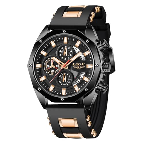 LIGE Herren Uhren | Armbanduhr Herren wasserdichte Retro Uhr Leuchtendes Chronograph Blaues Silikonarmband Quarz Analog Herrenuhren mit Datum Vintage Watches Geschenk für Männer,Schwarz von LIGE