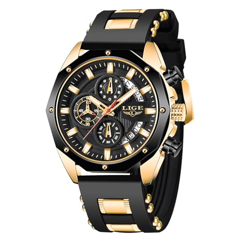 LIGE Herren Uhren | Armbanduhr Herren wasserdichte Retro Uhr Leuchtendes Chronograph Schwarz Silikonarmband Quarz Analog Herrenuhren mit Datum Vintage Watches Geschenk für Männer,Gold Schwarz von LIGE