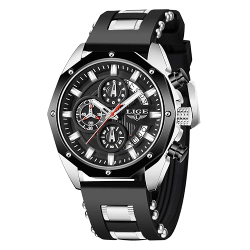 LIGE Herren Uhren | Armbanduhr Herren wasserdichte Retro Uhr Leuchtendes Chronograph Schwarz Silikonarmband Quarz Analog Herrenuhren mit Datum Vintage Watches Geschenk für Männer,Silber Schwarz von LIGE