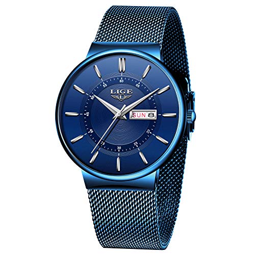 LIGE Herren Uhren Minimalistischen Wasserdicht Männer Armbanduhr Mode Elegant Geschäft Blau Quarz Herrenuhr für Mann mit Edelstahl Mesh Minimalistische Quartz Edelstahl Armbanduhren, LG-9949 von LIGE