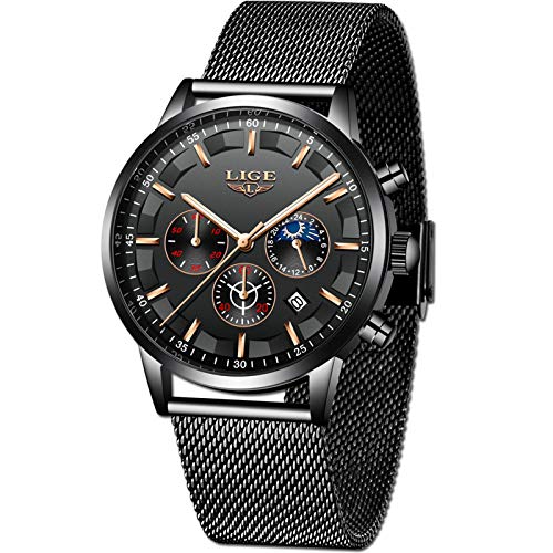 LIGE Herren Uhren Mode Freizeit Geschäft Analog Quarz Uhren Herren Wasserdicht Edelstahl Chronograph Schwarz Mesh-Gürtel Uhr von LIGE