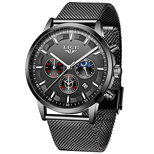 LIGE Herren Uhren Armbanduhr Herren Mode wasserdichte Chronograph Sport Quarz Uhr für Mann Business Kleid mit Schwarzem Edelstahlgewebe von LIGE