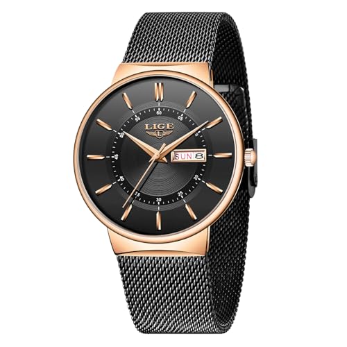 LIGE Uhr Herren | Wasserdicht Edelstahl Vintage Analog Armbanduhren Business Quarz Schwarz Edelstahlband Herrenuhr Datumsanzeige Klassisch Einfach Watches for Men - Geschenk für Männer,Gold Schwarz von LIGE