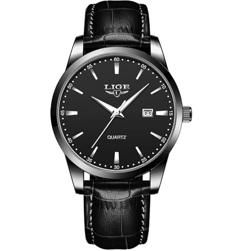 LIGE Herren Uhren Wasserdicht Quarz Armbanduhren Für Herren Männer Uhr Mit Datum Schwarz Lederarmband Retro Business Men's Watches,Schwarz von LIGE