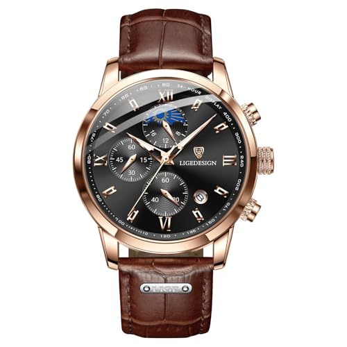 LIGE Herrenuhr | Retro Lederarmband Uhr Herren 3ATM wasserdichte Men Watch Vintage Armbanduhr Analog Leuchtend Mondphasen Design Armbanduhren Chronograph Herrenuhren mit Datum,Roségold Schwarz von LIGE
