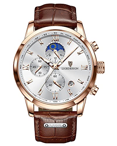 LIGE Herrenuhr | Retro Lederarmband Uhr Herren 3ATM wasserdichte Men Watch Vintage Armbanduhr Analog Leuchtend Mondphasen Design Armbanduhren Chronograph Herrenuhren mit Datum,Roségold Weiß von LIGE