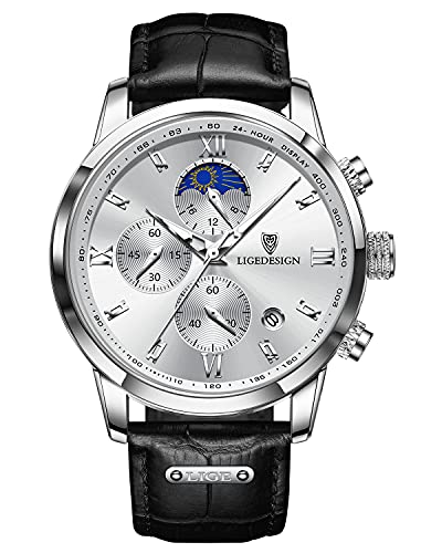 LIGE Herrenuhr Chronograph Multifunktionale Wasserdichter Business Casual Sport Leuchtende Datum Kalender Leder Strap Analog Quarz Armbanduhr für Männer Schwarz Weiß von LIGE