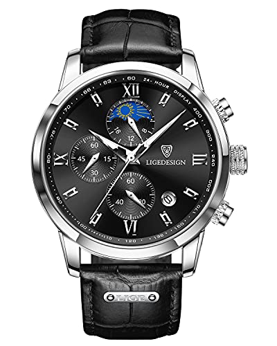 LIGE Herrenuhr Chronograph Multifunktionale Wasserdichter Business Casual Sport Leuchtende Datum Kalender Leder Strap Analog Quarz Armbanduhr für Männer Schwarz von LIGE