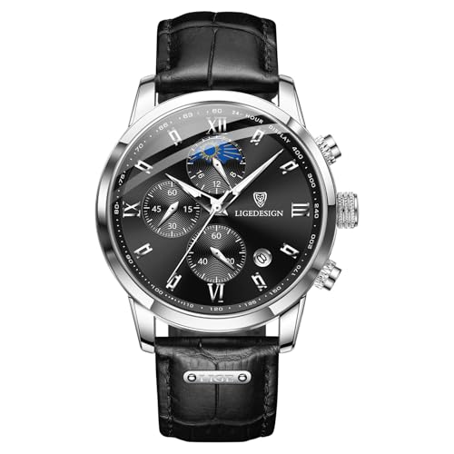 LIGE Herrenuhr | Retro Lederarmband Uhr Herren 3ATM wasserdichte Men Watch Vintage Armbanduhr Analog Leuchtend Mondphasen Design Armbanduhren Chronograph Herrenuhren mit Datum,Silber Schwarz von LIGE