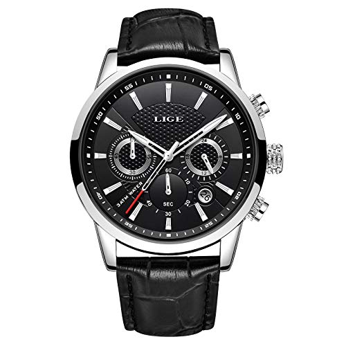 LIGE Herren Uhr Chronograph Sport Wasserdichter Analoger Quarz Edelstahl Lederuhr Klassische Business Casual Schwarzem Zifferblatt Armbanduhr von LIGE