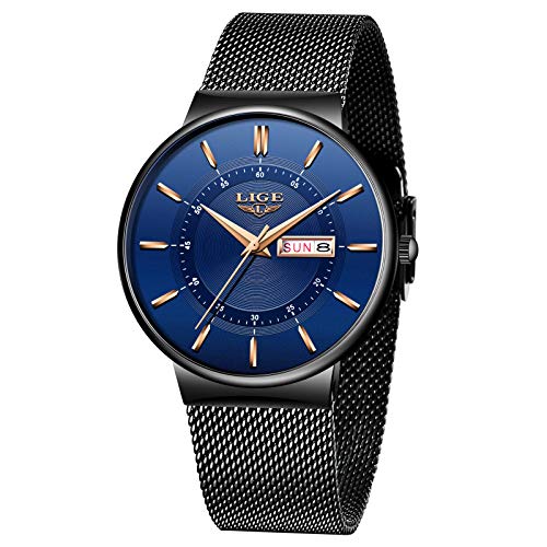 LIGE Herrenuhren, schwarz, ultradünn, minimalistisch, modisch, Armbanduhren für Männer, Business-Kleid, wasserdicht, lässig, Armbanduhr für Herren, mit Edelstahl-Mesh-Uhr, Blau/Schwarz, Armband von LIGE