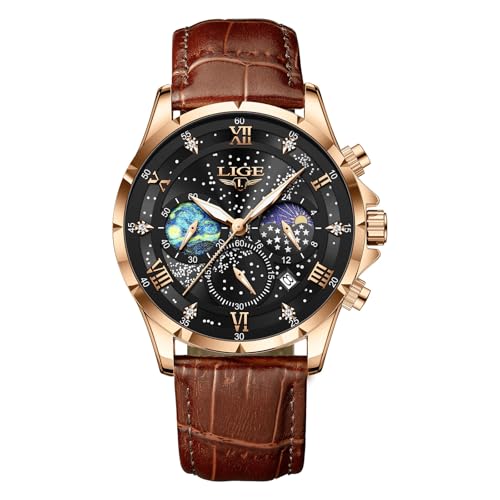 LIGE Uhr Herren | Edelstahl Wasserdicht Analog Mondphase Quarz Herrenuhr Chronograph Lederarmband Watches for Men Mit Datum Leuchtende Herrenarmbanduhren Business Retro Männer Uhren,Goldschwarz von LIGE