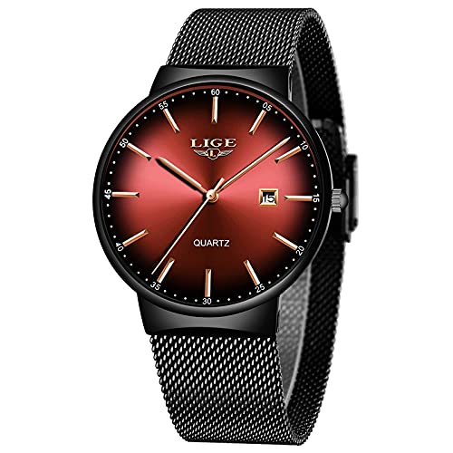 LIGE Uhr Herren Dünne wasserdichte Edelstahl Mesh Mode Minimalistisch Analoge Quarz Armbanduhr Herren (Schwarz Rot) von LIGE