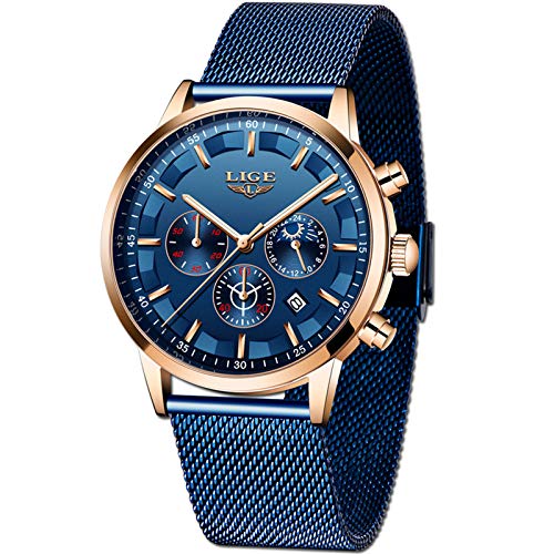 LIGE Uhr Herren Mode Edelstahl Wasserdicht Chronograph Herren Geschäft Kleid Blau Analog Quarz Uhren Automatisches Datum Gürtel Uhr von LIGE