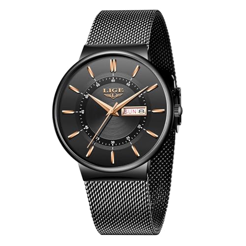 LIGE Uhr Herren | Wasserdicht Edelstahl Vintage Analog Armbanduhren Business Quarz Schwarz Edelstahlband Herrenuhr Datumsanzeige Klassisch Einfach Watches for Men - Geschenk für Männer,Schwarz von LIGE