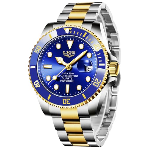 LIGE Uhren Herren, Herrenuhr Analoger Quarz Edelstähle, 3ATM Wasserdicht（30M）, Kalenderfunktion Leuchtzeiger, Schöne Geschenke, Business Outdoor Erholung, Blau Gold von LIGE