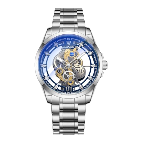 LIGE Uhren Herren Armbanduhr Wasserdicht Analog Modisch Klassisch Skelett Transparentes Zifferblatt, Automatisch Mechanisch Leuchtend Elegant Edelstahl Luxuriös Gold Uhr für Herren mit Lederarmband von LIGE