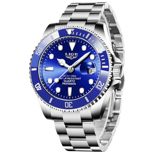 LIGE Uhren Herren Blau, Herrenuhr Analoger Quarz Edelstähle, 3ATM Wasserdicht（30M）, Kalenderfunktion Leuchtzeiger, Armbanduhr Herren Business Erholung von LIGE
