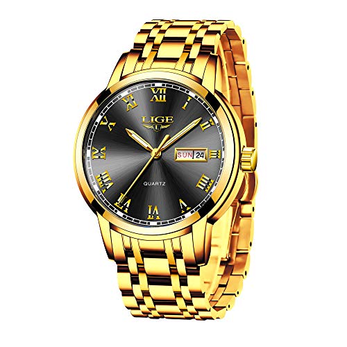 LIGE Uhren Herren Mode Edelstahl Wasserdicht Analoger Quarzuhr Auto-Kalender Geschäft Kleid Armbanduhr Maenner (Steel Gold Black) von LIGE