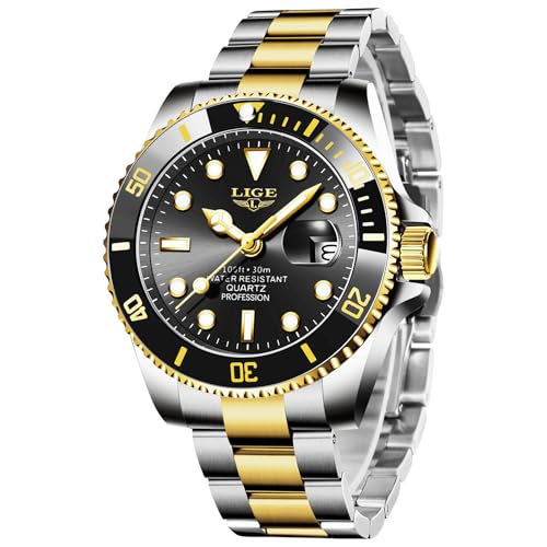 LIGE Uhren Herren Gold, Herrenuhr Analoger Quarz Edelstähle, 3ATM Wasserdicht（30M）, Kalenderfunktion Leuchtzeiger, Schöne Geschenke, Business Outdoor Erholung von LIGE