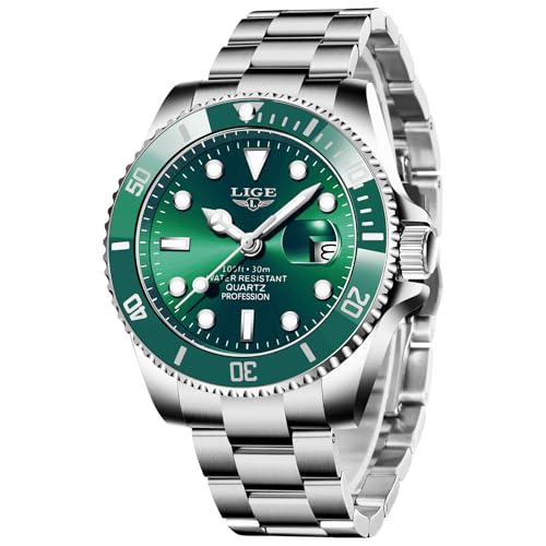LIGE Uhren Herren Grüner, Herrenuhr Analoger Quarz Edelstähle, 3ATM Wasserdicht（30M）, Kalenderfunktion Leuchtzeiger, Schöne Geschenke, Business Outdoor Erholung von LIGE