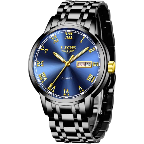 LIGE Armbanduhr Herren Blau, Uhr Herren Quarz-Analoguhr, Herrenuhr mit Kalender, Edelstahlarmband 3ATM Wasserdicht, Goldfarbene Leuchtzeiger, Schöne Geschenke, Business Outdoor Erholung von LIGE